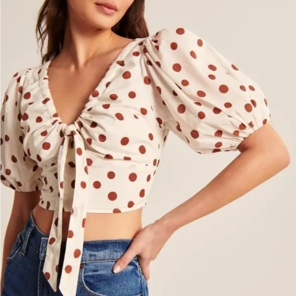 Abercrombie & Fitch White Brown Polka Dot Collar Puff Sleeve Blouse - Picture 1 of 5